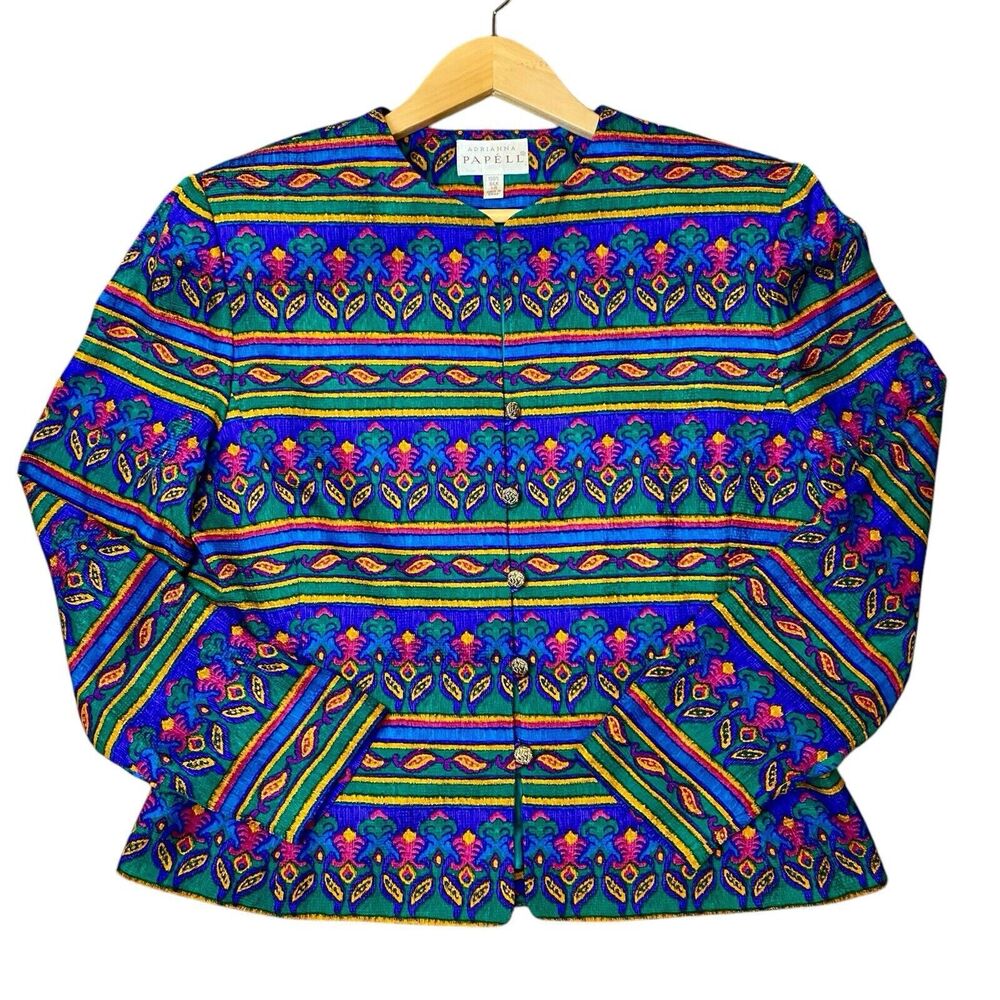 Vtg Adrianna Papel Women’s 100% Silk Blazer Jacket Multicolor Jewel Toned Sz 14